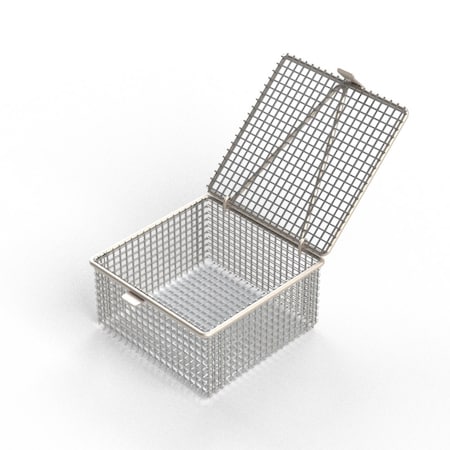 Light Duty Basket: 6Lx6Wx3H, 304 SS, Hinged Lid With Thumb Clasp, No Handles, Mesh: 2 X .063